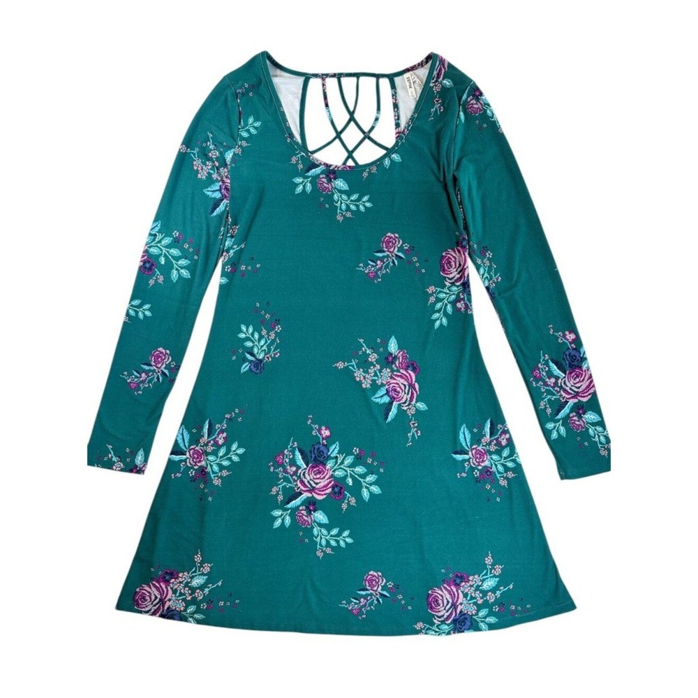 Mudd Y2K 90s Teal Floral Long Sleeve Dress Strap Lattice Back Scoop Neck Mini S